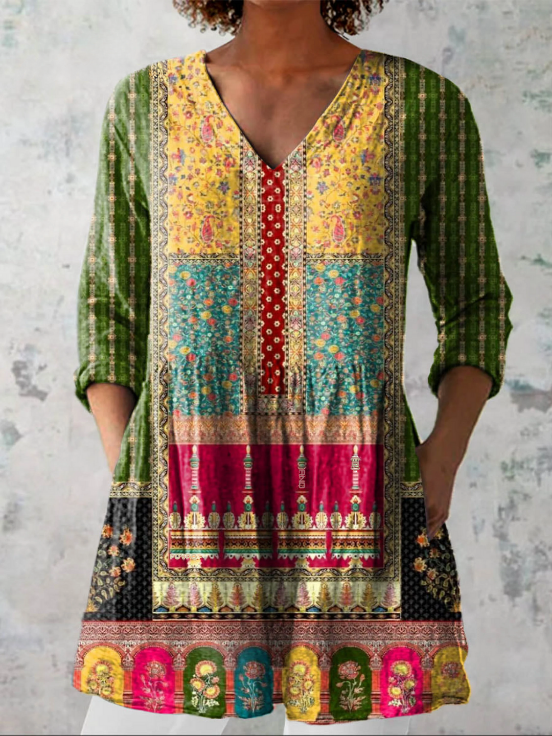 Emilie | Patchwork Print V-Neck Blouse