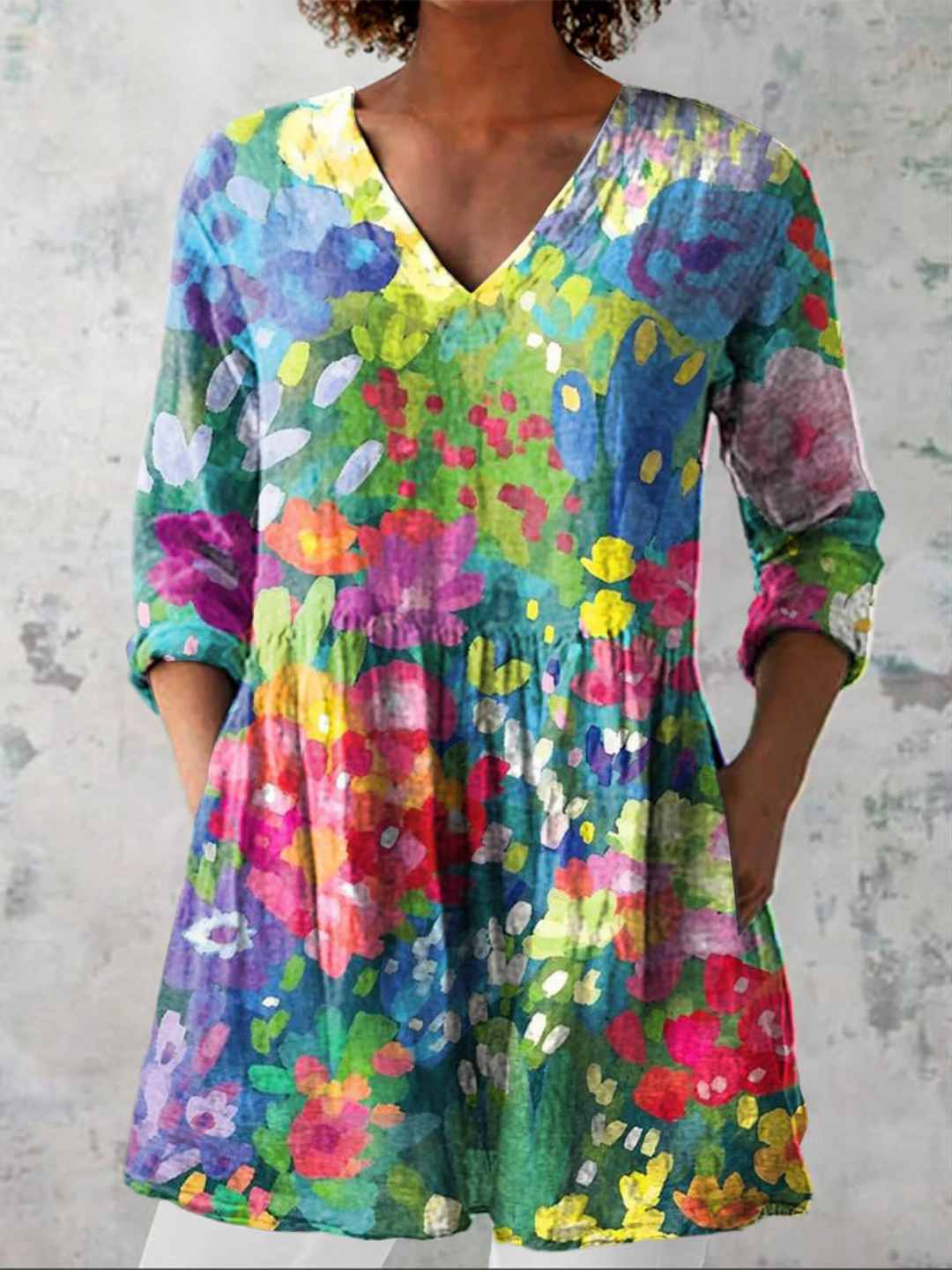 Maelle | Colourful Patchwork V-Neck Blouse