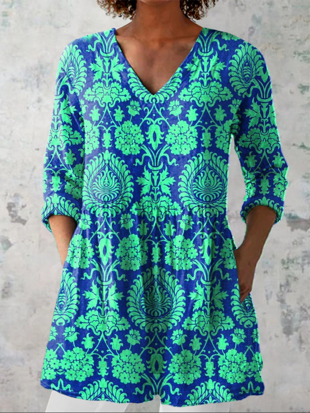 Ines | Turquoise Print V-Neck Blouse