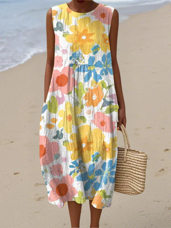 Imogen | Pastel Floral Midi Dress in Cotton Blend