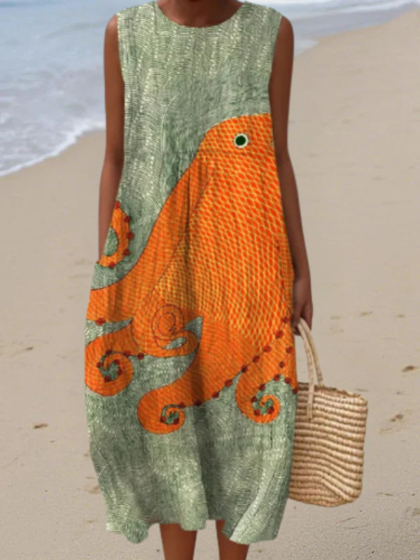 Coral | Oceanic Print Midi Dress