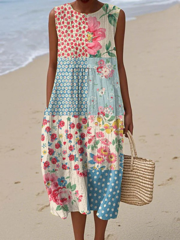 Theodora | Patchwork Midi Dress in Mixed Cotton