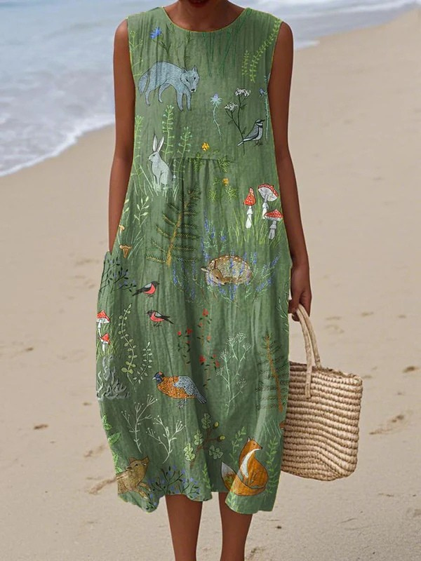 Josephine | Woodland Green Midi Dress in Cotton